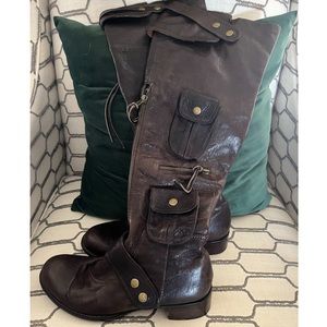 Tall Leather Tude Girls Brown Boots S: 8 with Straps Pockets Snaps and style